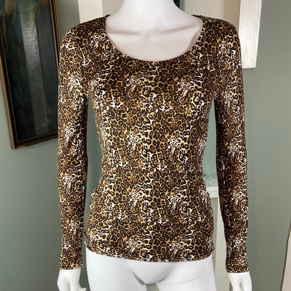 bebe Brown Leopard Print Blouse long sleeve shirt top xs xsmall